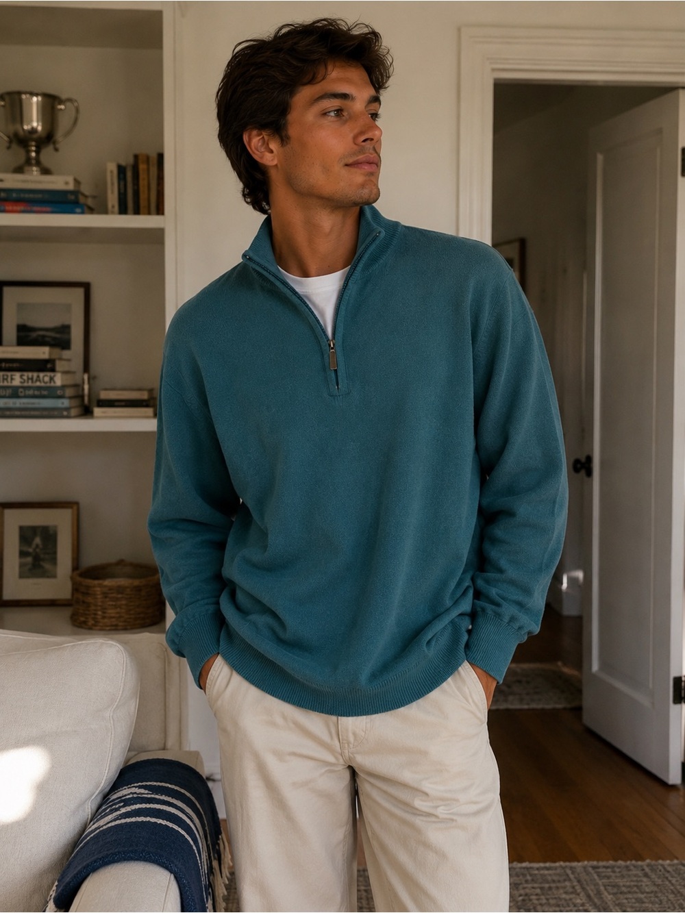 L.L.Bean Men’s L Tall Cotton Cashmere Quarter Zip Sweater Teal Blue Preppy